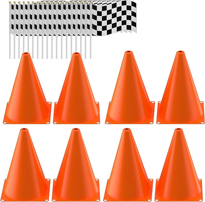 Traffic Cones with Racing Checkered Flags-8 Traffic Cones With Hole on Top, 16 Checkered Flags, Race Car Birthday Party Supplies, Table Centerpiece Decorations, Kids Gift (24PCS)