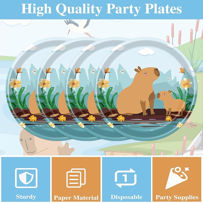 Rakuto Capybara Birthday Party Decorations - 50PCS Disposable Capybara Plates and Napkins Decor, Cute Animals Themed Dinnerware Set Party Favors Tableware Supplies Serve 25