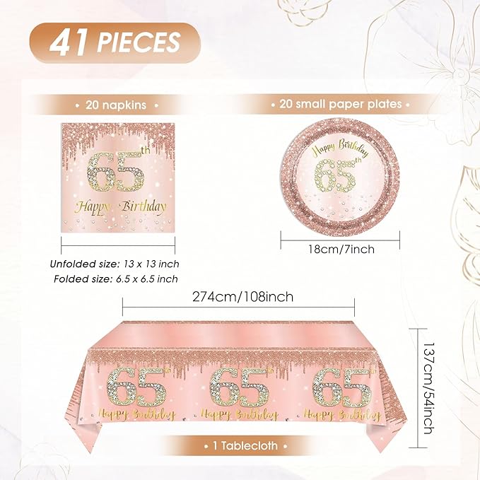 65th Birthday Decorations for Women,Rose Gold 65th Birthday Plates and Napkins,Tablecloth,65 Year Old Tableware Party Supplies Disposable Dinnerware Table Decor Favors for Women 1961 Party Supplies