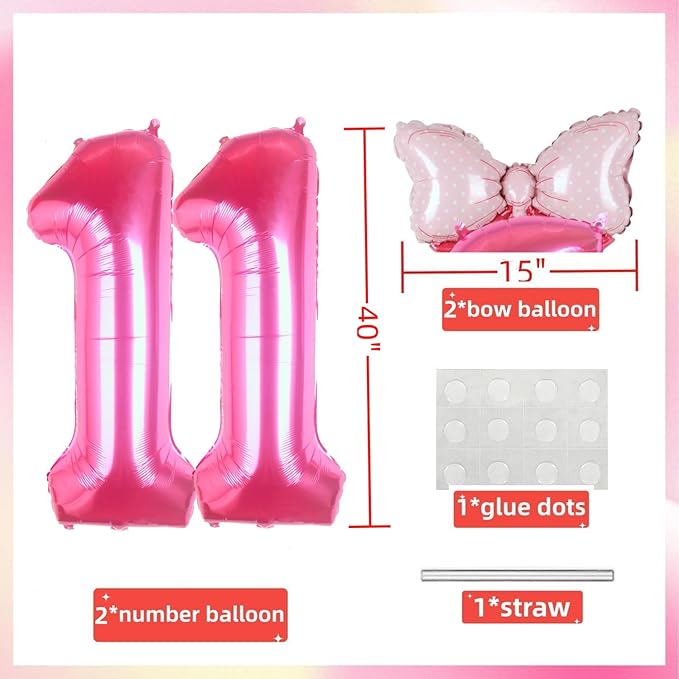 40 Inch Pink Number 11 Balloon with Mini Bow Balloon for Girls 11th Birthday Party Decoration, Pink Princess Western Cowgirl Theme Sweet Eleven Birthday Party Balloons Decorations Supplies Decor