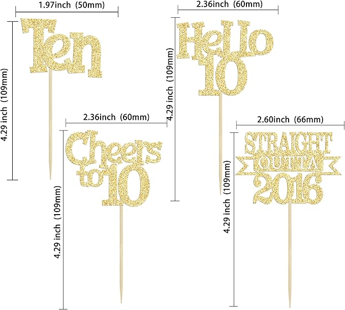 Ephlyn 24Pcs Happy 10th Birthday Cupcake Toppers Glitter Ten Cupcake Picks Hello 10 Cheers to 10 Years Cake Decorations for 10th Birthday Anniversary Party Decorations Supplies Gold