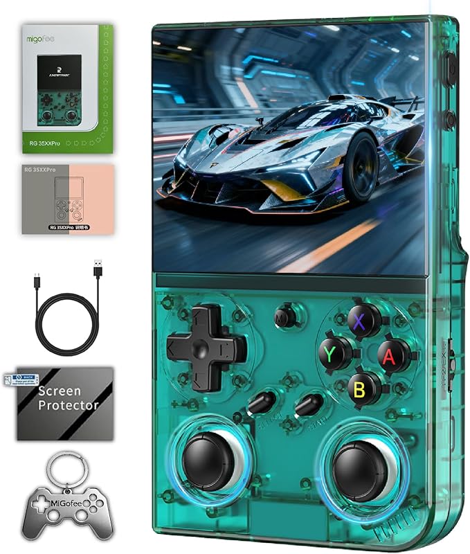 RG35XX Pro - Retro Handheld Game Console, 3.5-Inch IPS Screen, Linux OS, 64GB Card, 3200mAh Battery, WiFi & Bluetooth, HDMI Output, Includes Screen Protector & Keychain (Transparent Teal)