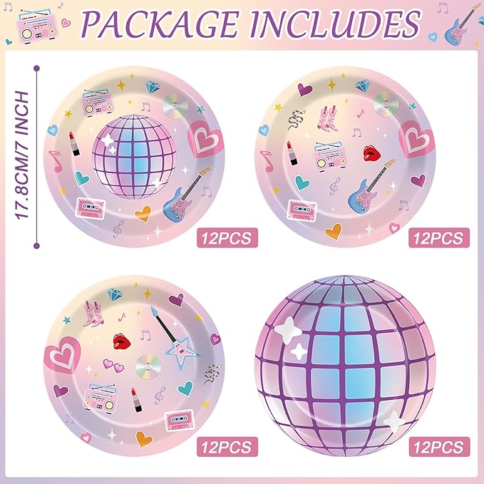 48Pcs Music Star Party Plates Popular Singer Birthday Party Decoration Disposable Music Lover Dessert Plates Paper Dinnerware Set for Girls Women Concert Bachelorette Party Supplies