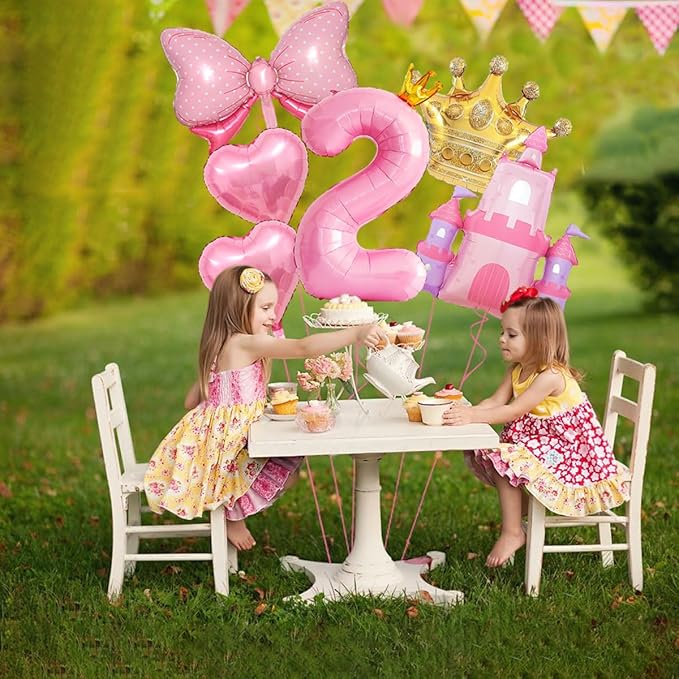 Princess Balloons for 2nd Birthday Decorations for Girl Pink Castle Balloons Large Pink Crown Number 2 Balloon for Princess Birthday Party Decorations