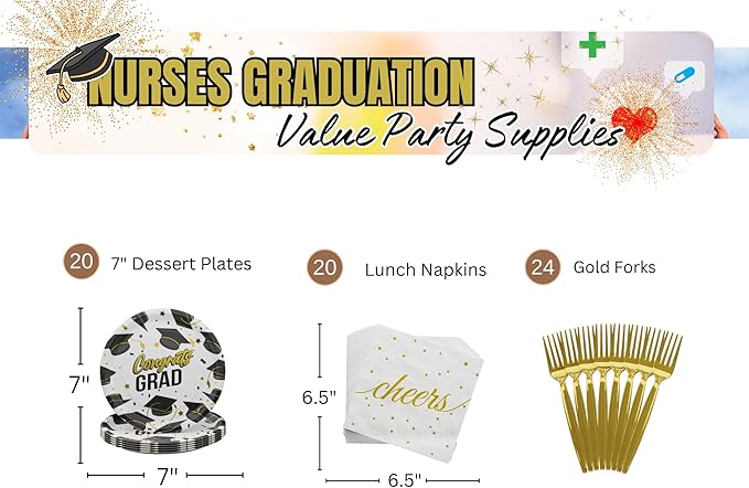 Blue Orchards Nurses Graduation Value Party Supplies (64 Pieces for 20 Guests) - Nurse Graduation 2024 Disposable Party Plates and Napkins Nursing School Grad Party RN Decorations Congrats Nurse Party