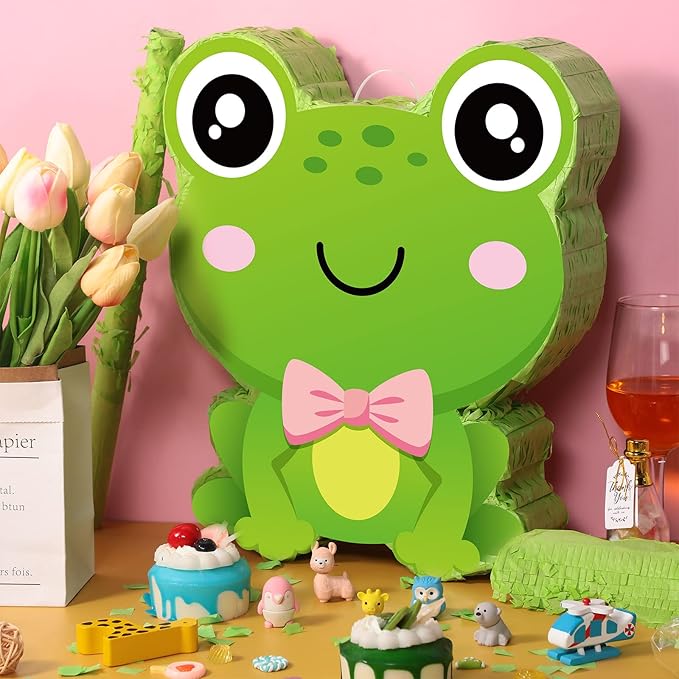 Aoriher Frog Piñata with Stick Blindfold & Confetti - Birthday Party Favors Decorations for Animal Theme Party Supplies Toys Outdoor Games, 15 x 13 x 3.2 Inch