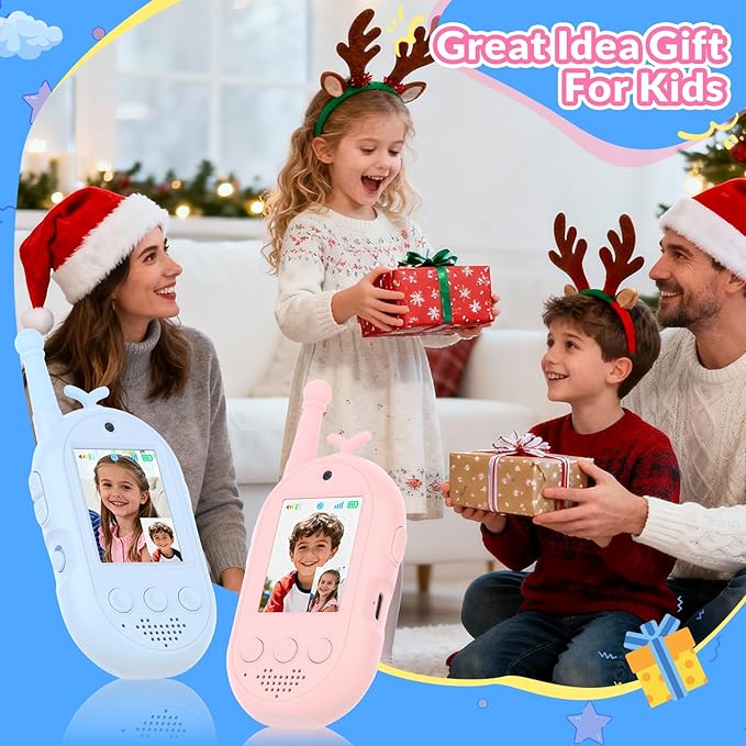 Video Walkie Talkies for Kids, 2 Pack Kids Walkie Talkies Rechargeable, Voice Changer & Sticker Effect,Long Range Toys for Family Games, Outdoor Camping, Gifts for Boys and Girls Ages 3-12