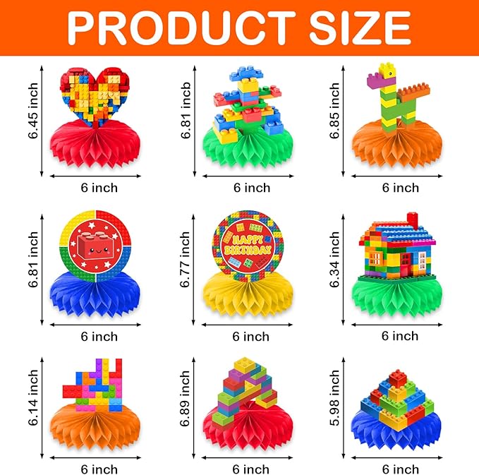 9PCS Building Block Honeycomb Centerpieces Themed Birthday Party Decorations Construction Centerpiece Table Decoration Party Favors Decor Supplies Gifts for Boys Girls Men Women