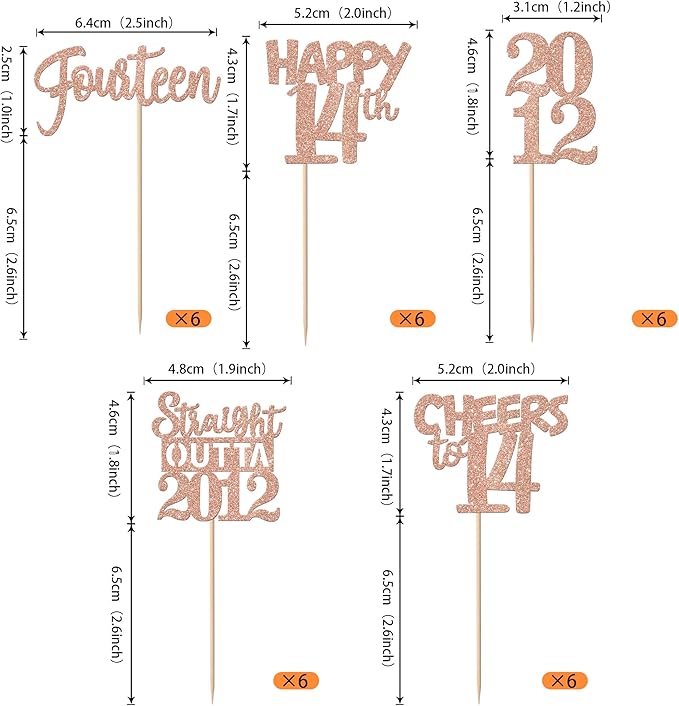 30PCS 14th Birthday Cupcake Toppers Glitter Fourteen Happy 14 Straight Outta 2012 Cupcake Picks for Cheers to 14 Years 14th Birthday Wedding Anniversary Party Decoration Supplies Rose Gold