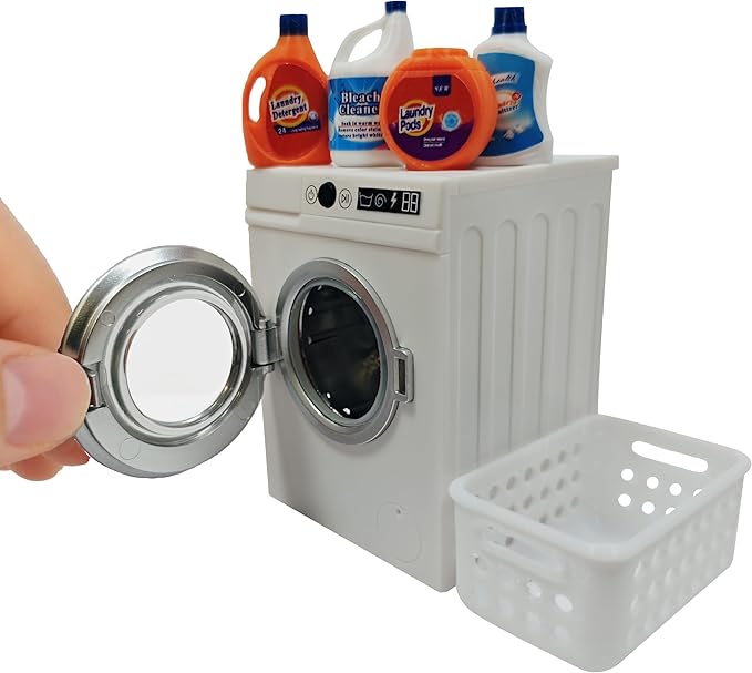 1:12 Scale Miniature Electric Washing Machine and Laundry Set, Realistic Dollhouse Accessories, Toy Washing Machine