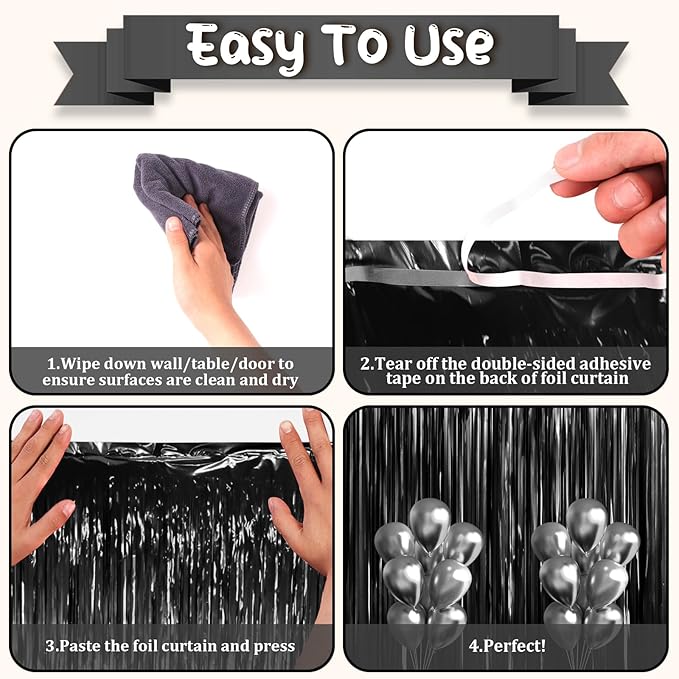 3.3 x 6.6 ft Foil Fringe Backdrop Curtains, Tinsel Streamers Party Decorations, Fringe Backdrop for Birthday, Baby Shower, Gender Reveal, Graduation (6, Black)