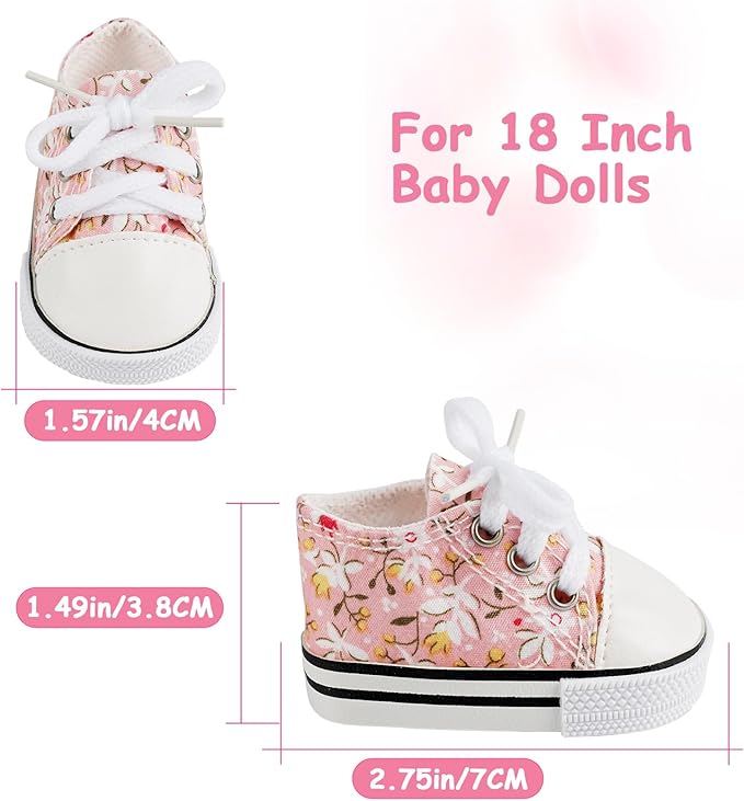 BABESIDE 18 Inch Baby Doll Shoes Sets with Socks for Dolls, 5 Pairs of Dolls Canvas Shoes with 3 Pair of Socks for 18 Inch Baby Doll Accessories, Floral Patterns
