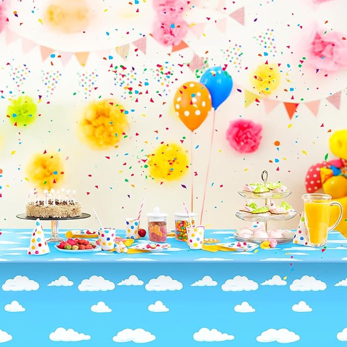 Tatuo Blue Sky White Clouds Birthday Party Supplies Cartoon Story Tablecloth Party Table Cover Cartoon Table Banner for Birthday Decorations, 54 x 108 Inch(4 Pieces)
