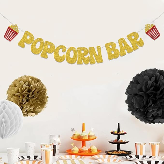 Popcorn Bar Banner - Movie Birthday Party Decoration - Funny Popcorn Birthday Bachelorette Party Decoration Gold Glitter