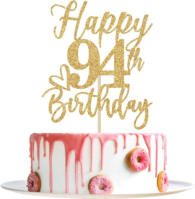 Happy 94th Birthday Cake Topper, 94th Birthday Decorations for Men/Women, Cheers to 94 Years, 94 Fabulous, 94th Happy Birthday Party Supplies Gold Glitter
