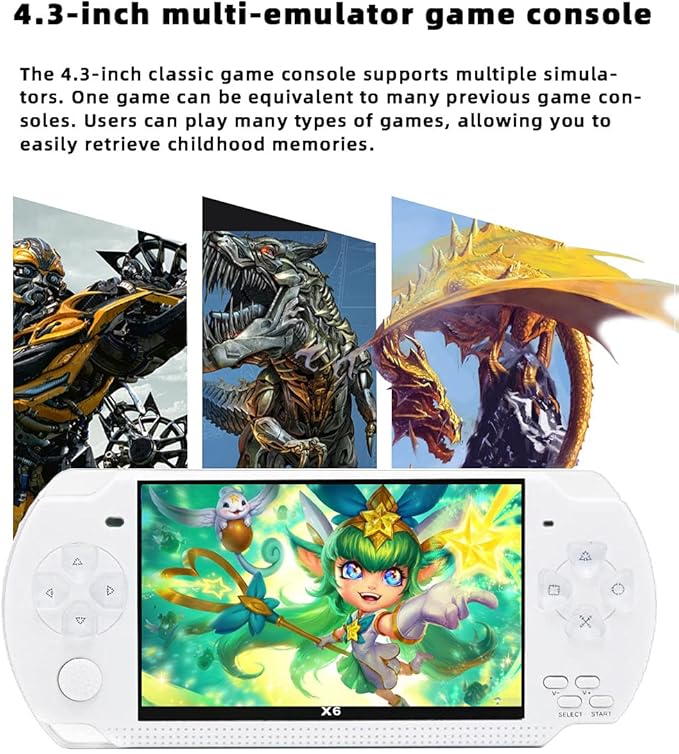 JXD Handheld Game Console 4.3 inch 8GB Built in 2000 Games for Multiple Simulators X6 Retro Video Game Console Mp3/4/Ebook TV Out Mini Hand Portable Game Player Device Holiday (White)