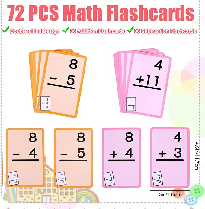 72 Pcs Math Flash Cards, 1-20 Addition and Subtraction Flash Cards for Studying, Math Manipulatives for Kindergarten Elementary Homeschool Classroom, Learning & Education Math Games for Kids Ages 4-12
