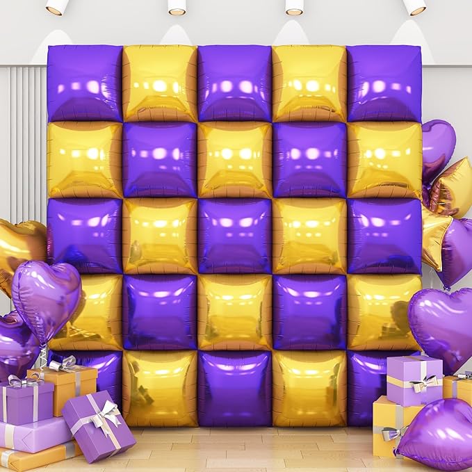 Purple Gold Square Foil Balloon Wall,25Pcs Double Sided Foil Balloons Backdrop Helium Polyester Tunnel Arch Garland Kit for Birthday Bridal Anniversary Baby Shower Party Decorations