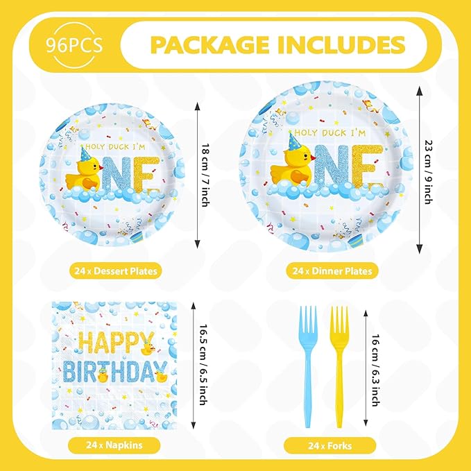 96Pcs Duck 1st Birthday Party Decorations Duck One Birthday Bubble Bath Plates and Napkins Set Blue Yellow Ducks Decoration for Boys Girls 1 Year Old Ducky Baby Shower Party Supplies Serves 24