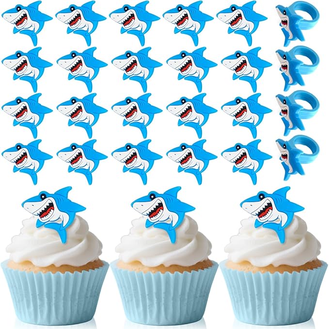 24 PCS Shark Cupcake Toppers Shark Fin Cake Toppers for Ocean Animals Theme Party Supplies Family Baby Shower Birthday Summer Holiday Beach Decorations