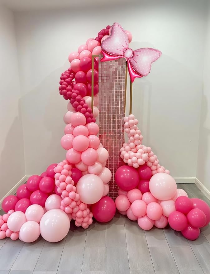 Pink Mouse Balloon Garland Arch Kit – 124 Pcs Hot Pink, Pastel and Polka Dot Balloons with Bow, Mouse Themed Girl Birthday Baby Shower Party Decor