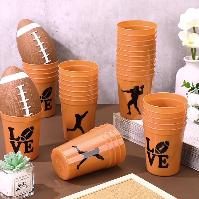 Zhehao 30 Pcs Sport Ball Plastic Cups Hockey Football Basketball Plastic Reusable Drink Cups Bulk 16 oz Stadium Tumbler Stackable Sports Tumbler for Sport Party Supplies(Football,Orange)
