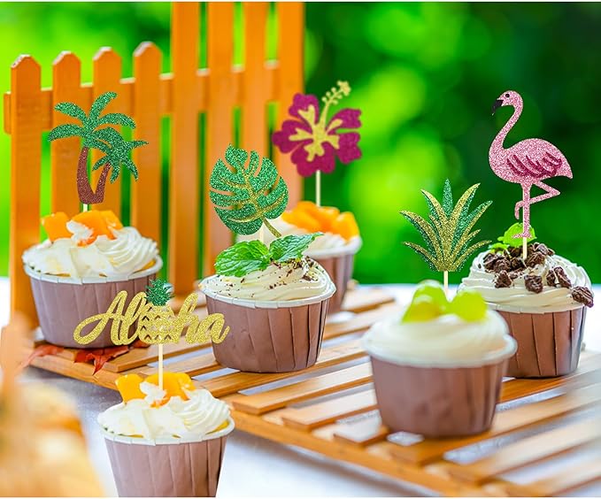 24Pcs Tropical Cupcake Toppers, Luau Cake Topper Aloha Cupcake Picks Pineapple Flamingo Cupcake Decorations for Hawaiian Luau Theme Baby Shower Birthday Party Supplies (Aloha B)