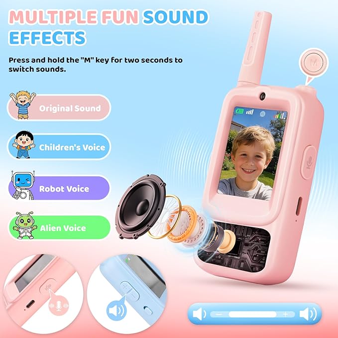 Video Walkie Talkies for Kids with Real-Time Screen & Voice Changer, Rechargeable Walkie Talkies Long Range Radios, for Outside, Hiking, Birthday Gifts for Boys/Girls Ages 3-12