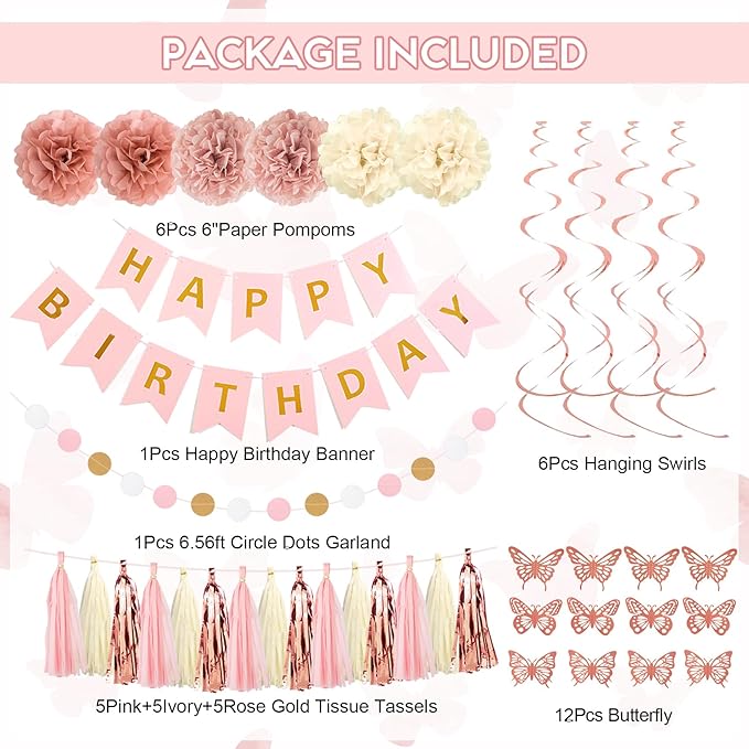 Pink Birthday Party Decorations, Dusty Pink Sand Confetti Rose Gold Balloons Happy Birthday Banner Fringe Curtains Butterfly Hanging Swirls Circle Dots Tassels Pompoms for Women Girls Party Supplies