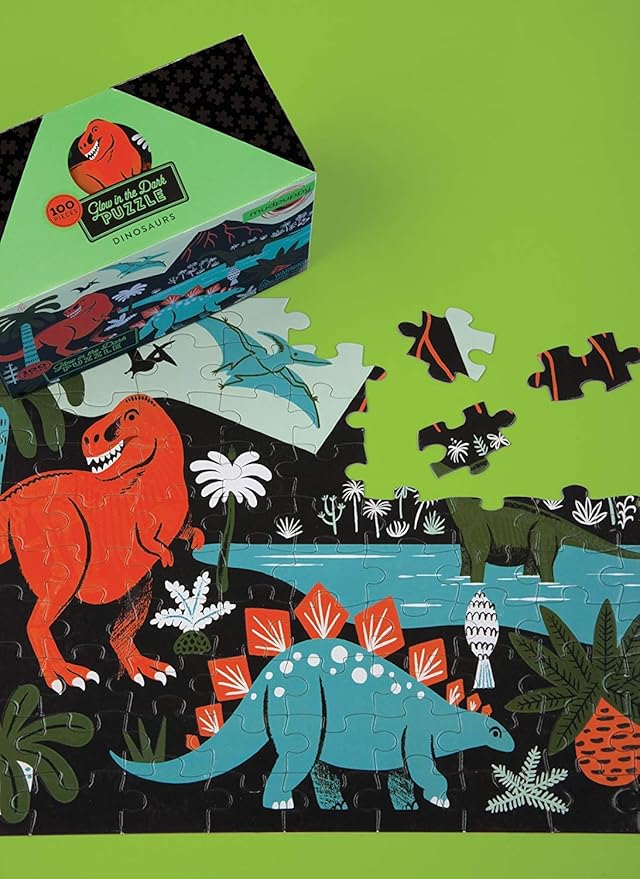 Mudpuppy Dinosaur Glow-in-the-Dark Puzzle, 100 Pieces, 18”x12” –Perfect for Kids Age 5+ - Colorful and Glowing Illustrations of Dinosaurs and Prehistoric Life - Award-Winning Glow in the Dark Puzzle
