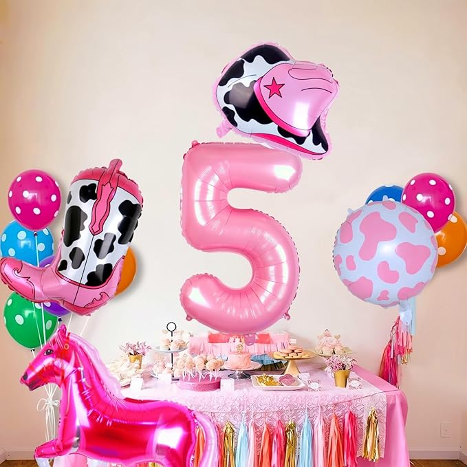 Western Cowgirl Balloons Pink 5th Birthday Party Decorations, Retro Horse Cowboy Hat Boot Balloons Girls Western Theme Rodeo Birthday Party Decorations Supplies Decor (32 Inch Pink 5 balloon)