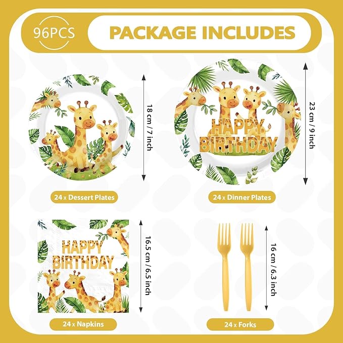 96 Pcs Giraffe Birthday Decorations Jungle Safari Animals Birthday Party Supplies Green Jungle Animal Plates and Napkins for Kids Party Supplies Serves 24