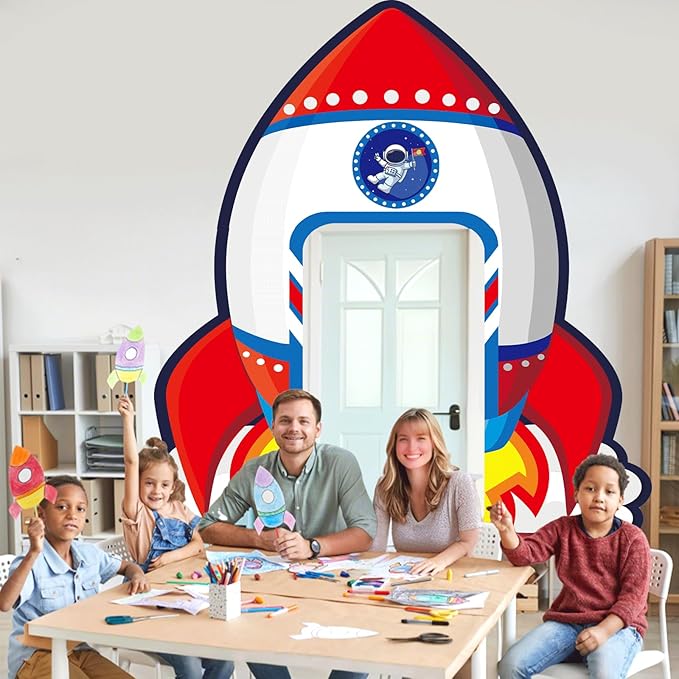 Spcae Birthday Decorations Outer Space Party Supplies Rocket Ship Door Banner Backdrop Astronaut Planet Photograph Background Photo Prop Galaxy Solar System Themed Porch Sign for Kids Boys Girls