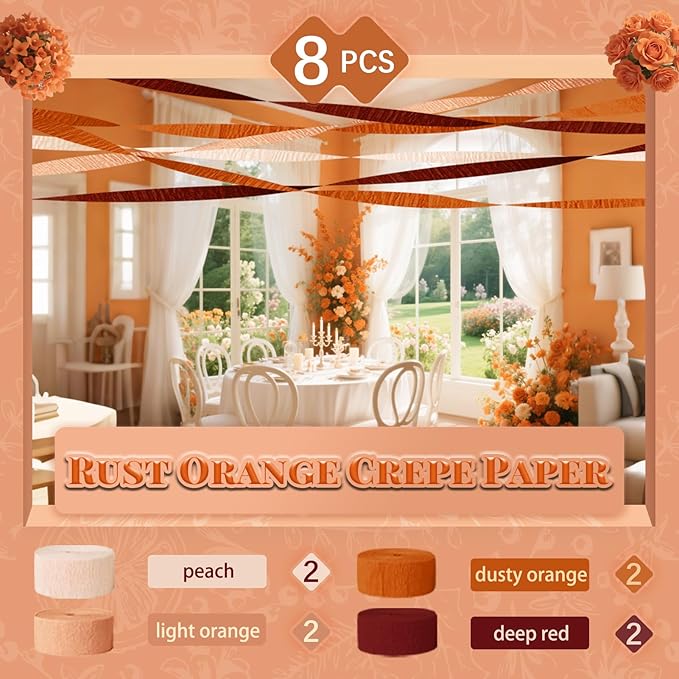 Wedding Decorations, 8 Rolls Rust Orange Brown Crepe Paper Streamers for Rustic Fall Wedding, Bridal Shower, Retro Party, Spring, Summer Decor, Birthday, 82 Ft Long