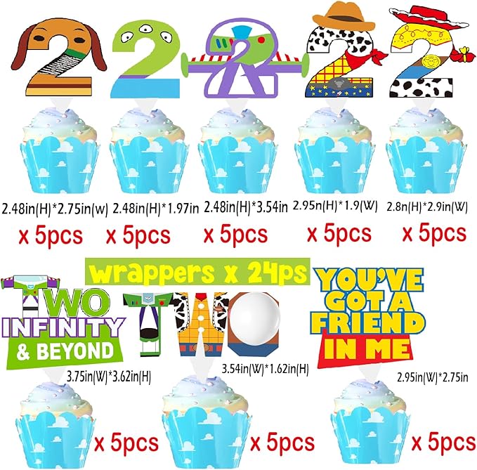 2 to infinity and inspired Beyond Birthday Decorations Toy Inspire Game Birthday Cupcake Toppers and Wrappers for 2nd Bday Blue Sky and White Cloud Cow Bday Party Supplies Decor (2nd with wrappers)
