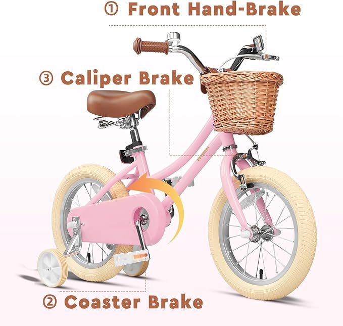 Petimini Vintage Kids Bike for Girls, 12–20 Inch Classic Bicycle with Wicker Basket & Bell, High Tensile Steel Frame, Training Wheels (12–18”), 85% Pre-Assembled, Retro Bike for Outdoor Riding