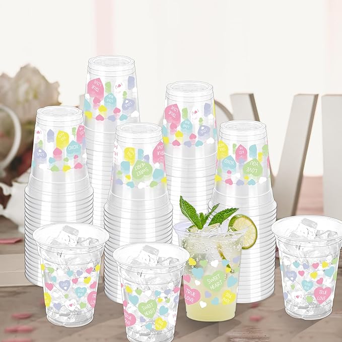 100 Pcs Color Heart Theme Plastic Cups,12oz Valentine's Party Drinking Cup Romantic Heart Valentines Disposable Clear Cups for Anniversary Wedding Valentine's Party