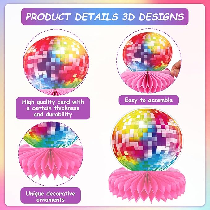 12PCS Disco Ball Centerpieces Disco Ball Party Decorations Colorful Disco Ball Table Decor 70s 80s Theme Music Party Honeycomb Centerpieces for Party Birthday Supplies