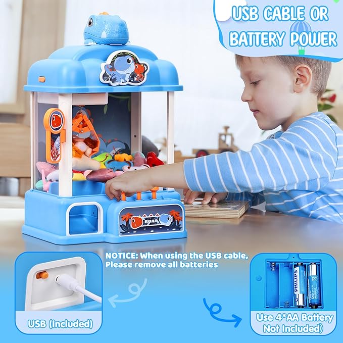 CWLAKON Claw Machine for Kids Boys Dinosaur Toys, Mini Vending Machine with Sound & 20 Mini Toys, Large Candy Grabber Prize Dispenser Electronic Arcade Games, Christmas Birthday Gifts for Boys, Blue