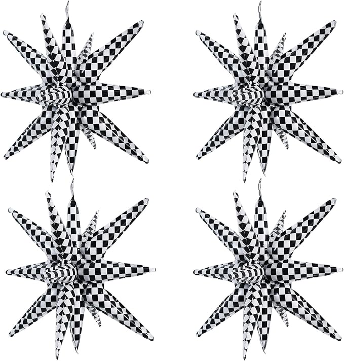 TONIFUL 4 Pcs 22inch 4D Checkered Explosion Star Mylar Balloons 14Point Checkered Star Balloons for Racing Themed Party Decorations Fast Race Car Birthday Baby Shower Photo Booth Backdrop Supplies