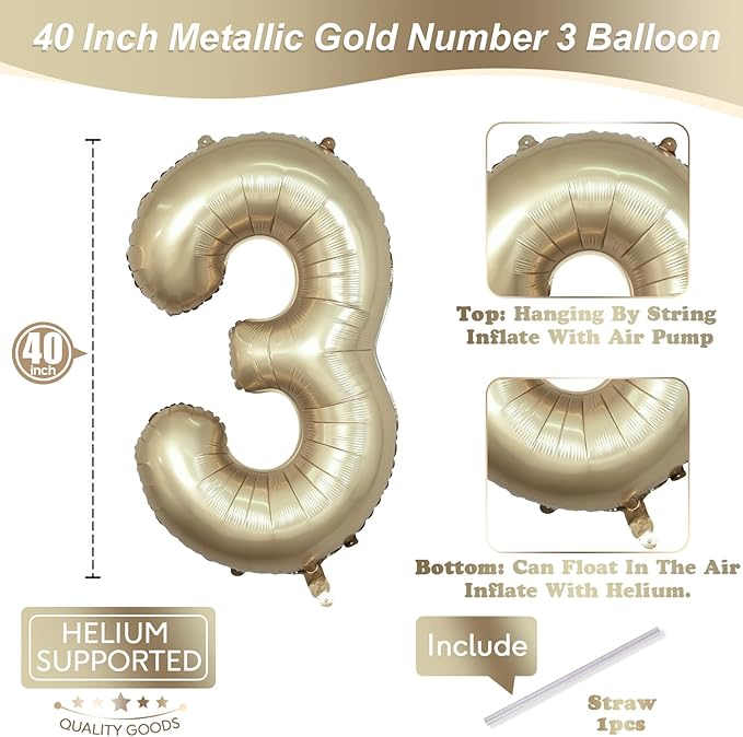 Large Light Gold 3 Balloons, 40 Inch Metallic Champagne Gold Helium Mylar Foil Globos Numero for Boys Girls, Self Inflating 3rd Birthday Balloon for Women Men Anniversary Party Decorations Supplies