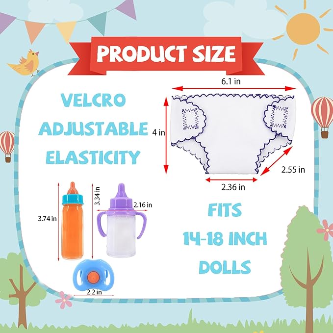 6 Pcs Baby Doll Accessories, 4 Doll Diapers for 14-18 Inch Doll, Magic Disappearing Milk & Juice Bottles with Toy Pacifier for Reborn Baby Doll Diapers and Feeding Bottle Toys Reusable