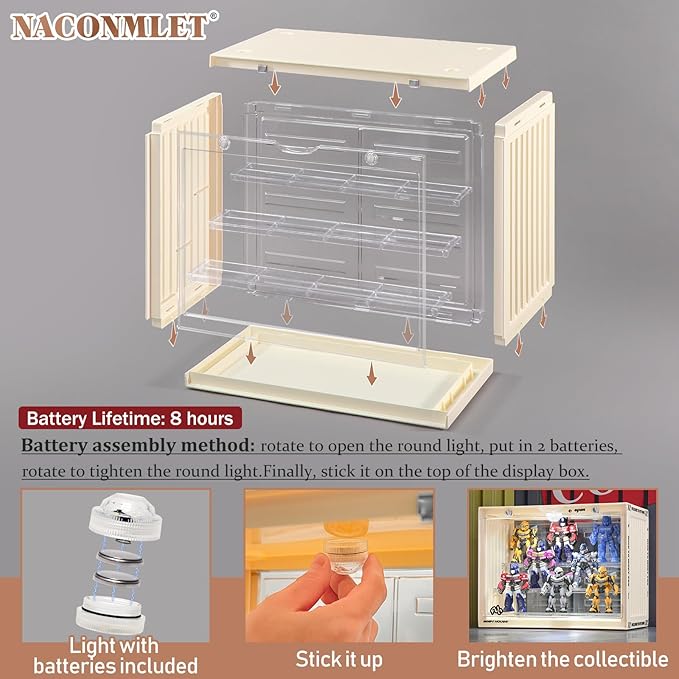 Acrylic Display Case for Miniature Figures and Funko Pop-Stackable Lighted Showcase with 3-Tier Adjustable Stand,Magnetic Door Closure,Dustproof Perfect for Collectibles 11.8"x6.7"x9"inch