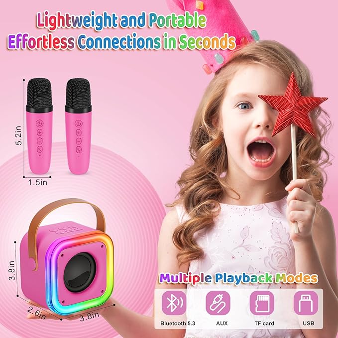 Mini Karaoke Machine for Kids, Girl Toys Gifts, Kids Karaoke Wireless Microphone for 4,5,6,7,8,9,10,11,12 Years Old Boys and Girls Christmas Party Gifts Toys (Rose Color)