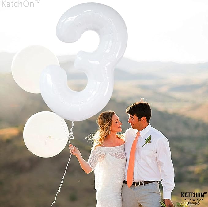 Large, Number 3 Balloon White - 40 Inch | Foil 3 Balloon Number for Black and White Happy Birthday Decorations | 3 Year Old Balloon for Party | Mylar 3 Balloon for 3rd Birthday Decorations for Girls
