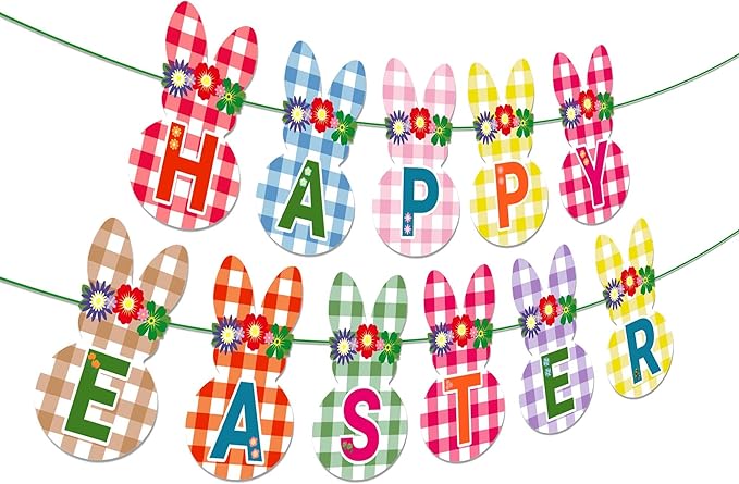 CC HOME Happy Easter Checkered Rabbit Banner Colorful Checkered Party Hanging Banner Easter Theme Birthday Bridal Wedding Baby Shower Boys Girls Kids Home Classroom Party Supplies Decoration