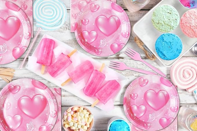 Grencian 96Pcs 2000s Party Decorations Pink Heart Plates and Napkins Disposable Y2k 90s Pink Heart Paper Tablewares Sets for Girls Women Birthday Wedding Y2K Bridal Shower Party Supplies, Serves 24