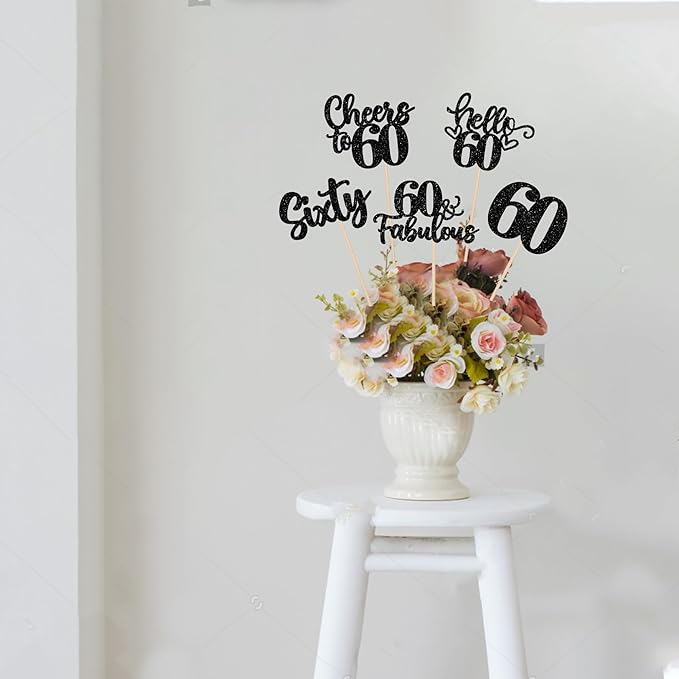 15PCS Happy 60th Birthday Centerpiece Sticks Hello 60 Cheers to 60 Birthday Table Flower Centerpieces Sticks Sixty 60 Fabulous Floral Decorations for 60th Birthday Party Centerpieces Supplies Black