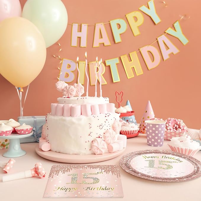 15th Birthday Decorations for Girls,15th Birthday Plates and Napkins,Rose Gold 15 Year Old Birthday Tableware 15 Party Table Decorations Supplies,Disposable 7'' Paper Plates, Napkins for Teen Party