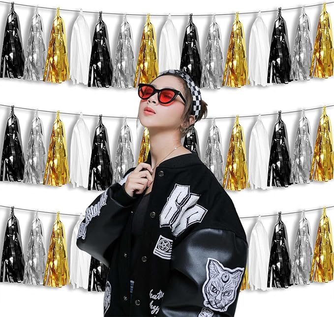 3P Metallic Fringe Tassel Banner Garland Foil Tinsel Streamer Wall Hanging Curtain Backdrop Banner for Parade Floats,Graduation Decorations, New Years Decorations,Father' Day(Black Gold Silver)